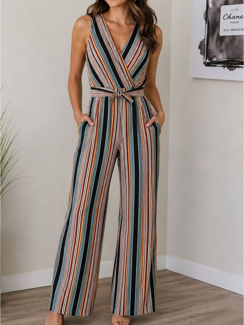 Monteau Medium Striped Wide Leg Jumpsuit Side Slit Wrap Tie Waist Pockets